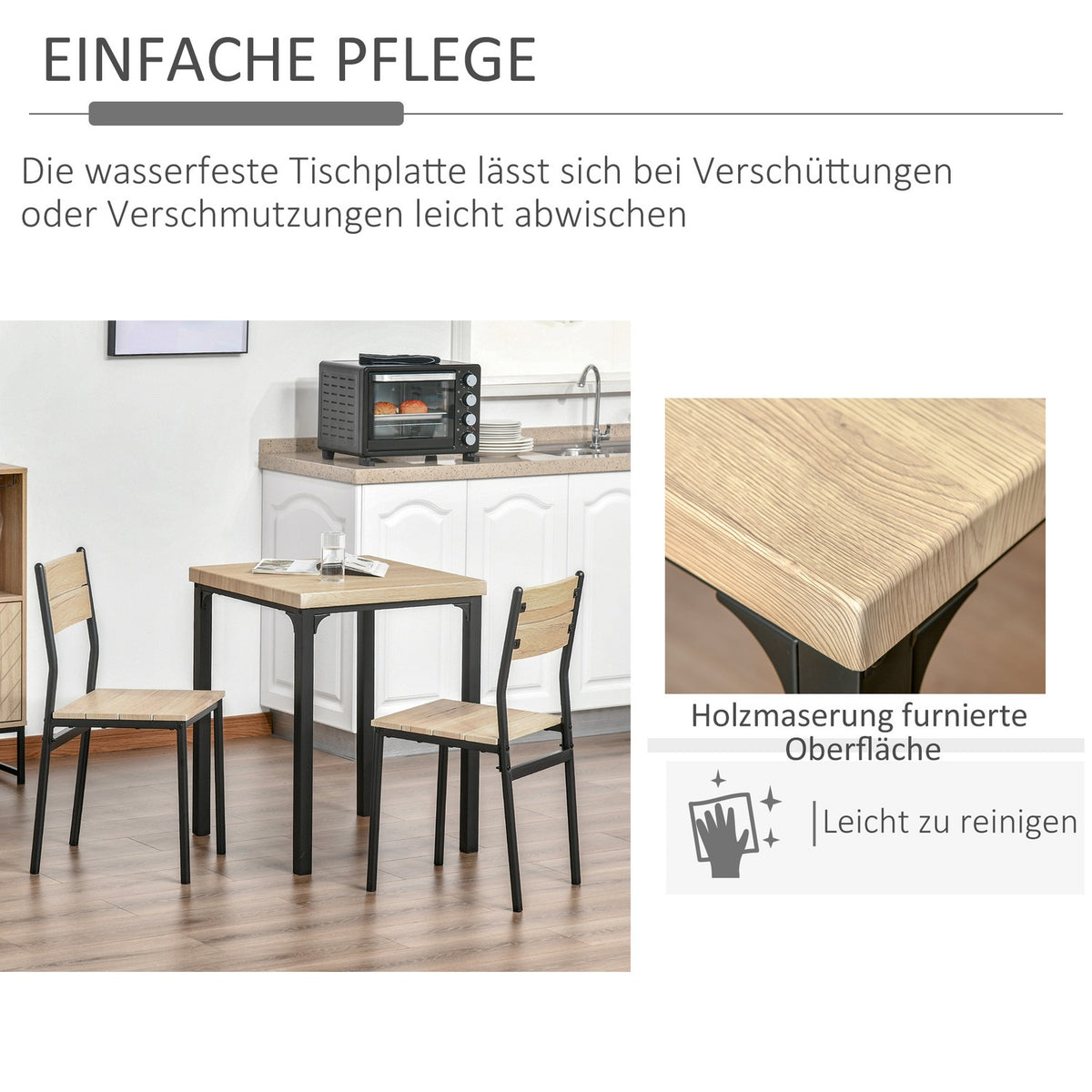 3-Piece Dining Set With Wooden Table Mdf + Metal, Natural Wood Grain + Black, 1 Table + 2 Chairs