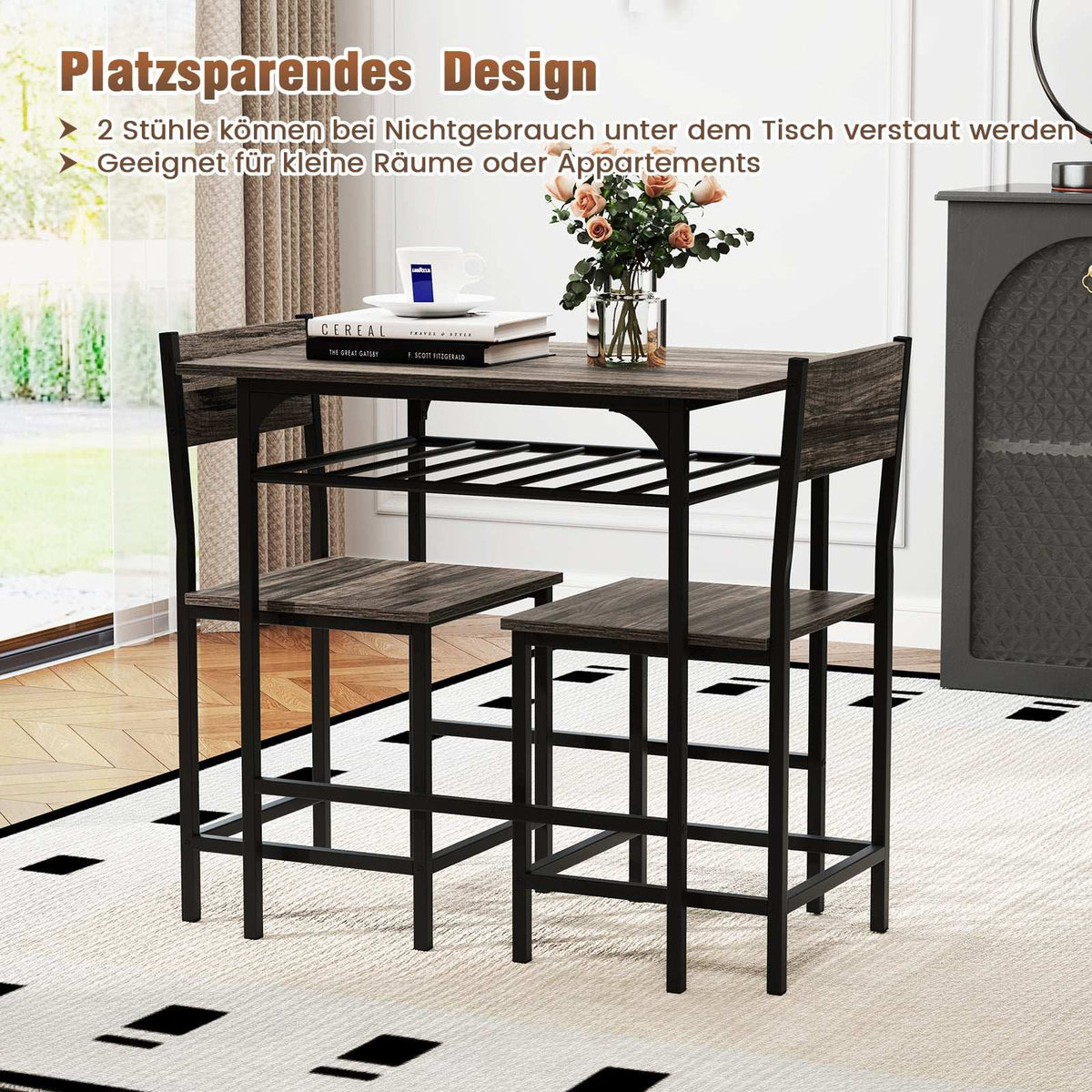 3-Piece Dining Set, Wood Table & 2 Chairs, Gray