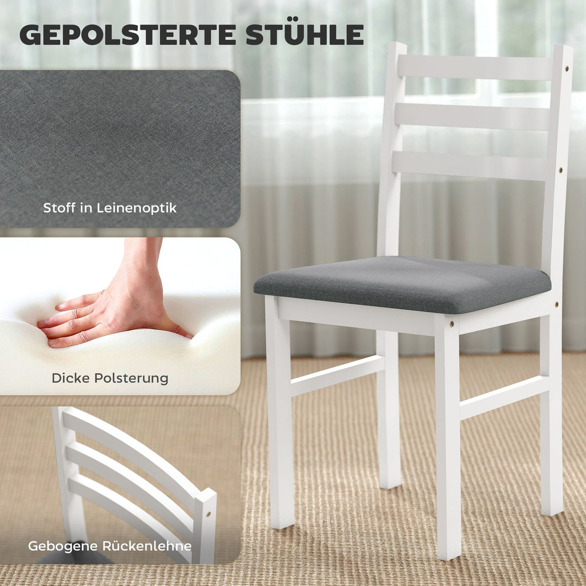 3-Piece Dining Set with 2 Chairs, Space-Saving, White MDF