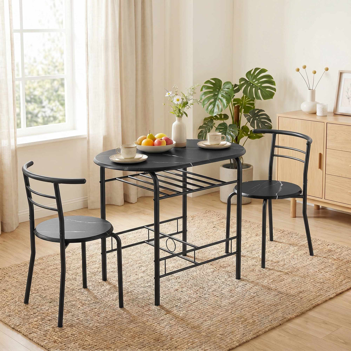 3-Piece Dining Table Set for 2, Black Marble Look, Shelf