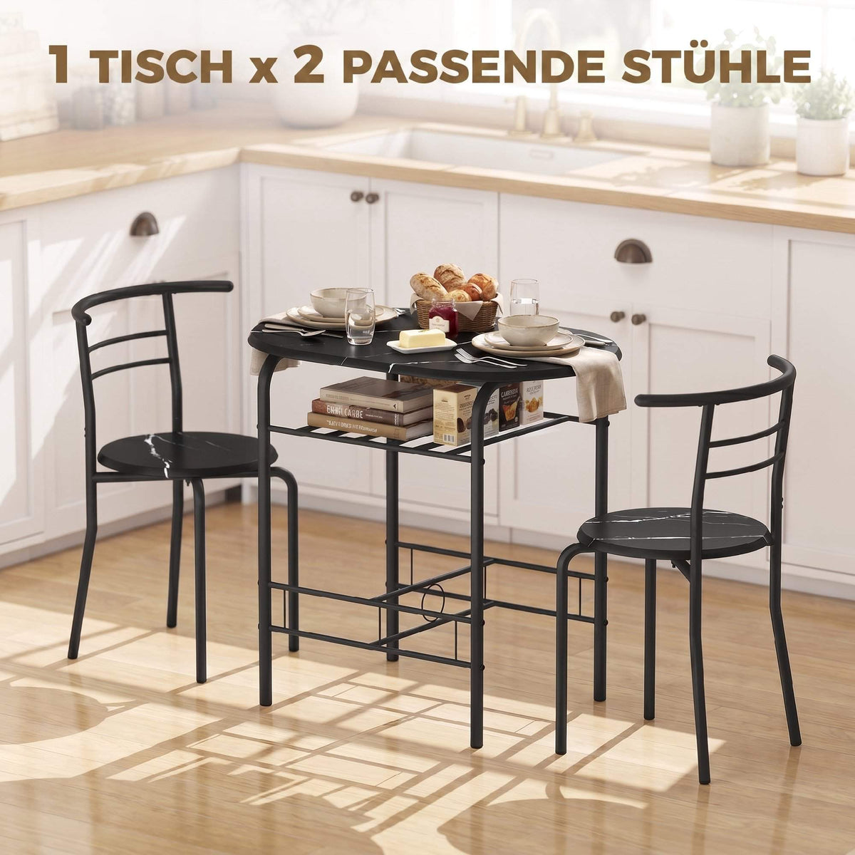 3-Piece Dining Table Set for 2, Black Marble Look, Shelf