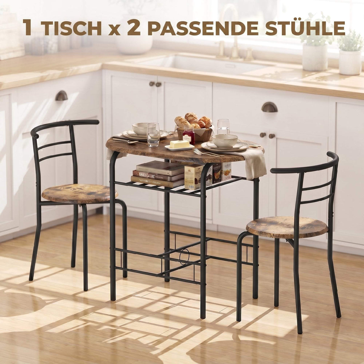 3-Piece Dining Table Set for 2, Shelf, Rustic Brown