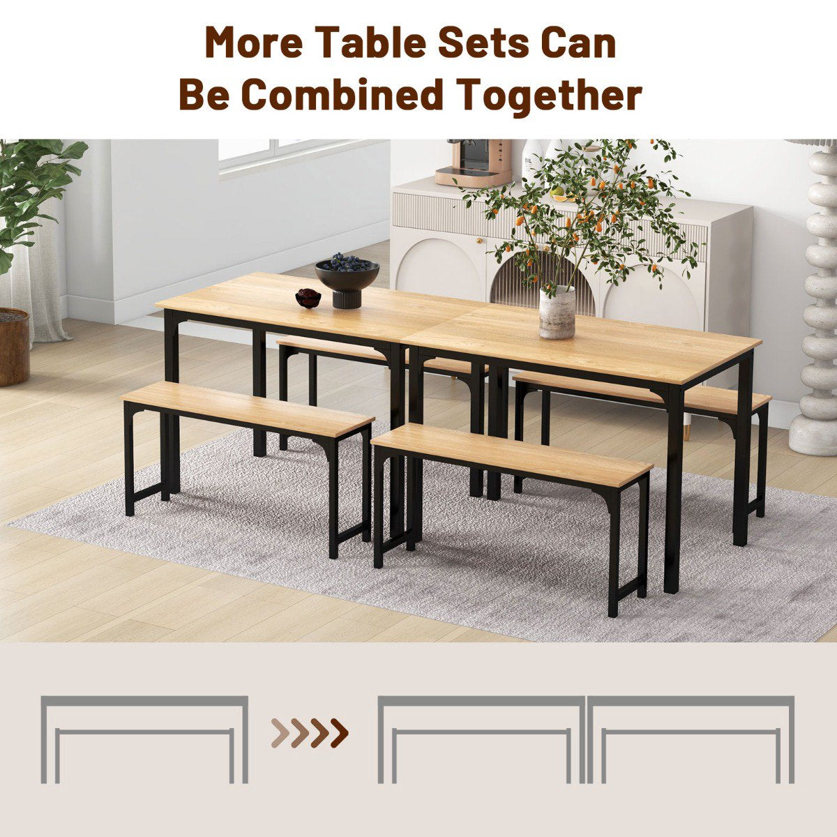 3-Piece Dining Table Set with 2 Benches, Natural