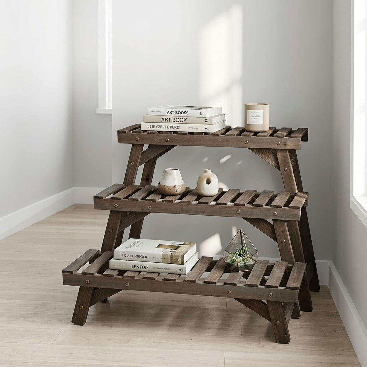 3-Piece Fir Wood Plant Stand Set – Brown
