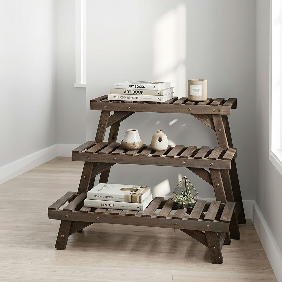 3-Piece Fir Wood Plant Stand Set, Natural Finish