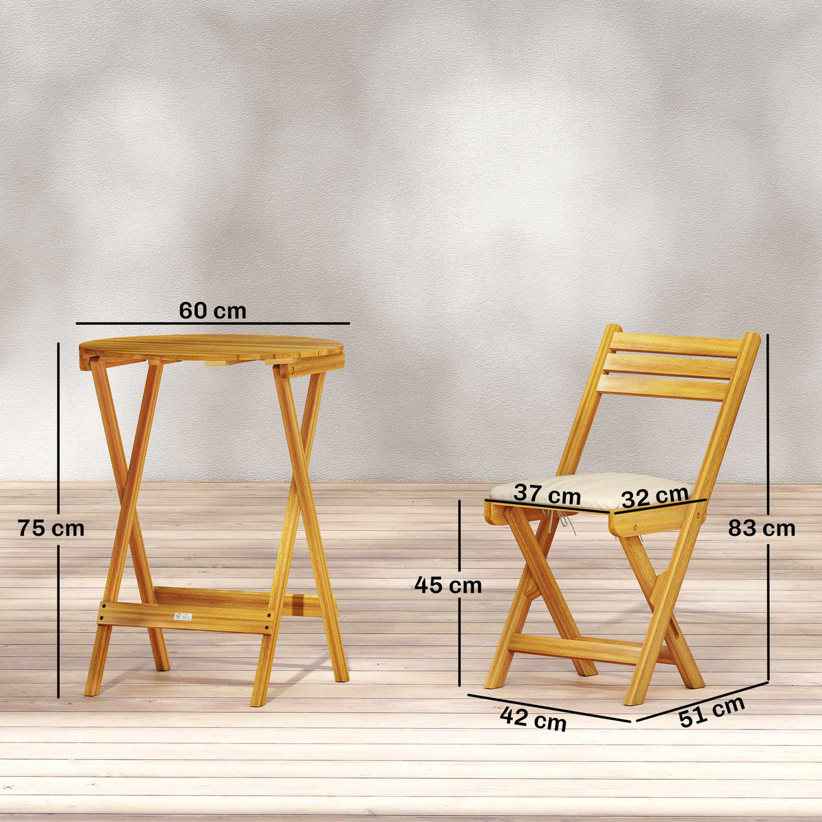 3-Piece Folding Balcony Set, Acacia Wood, Round Table