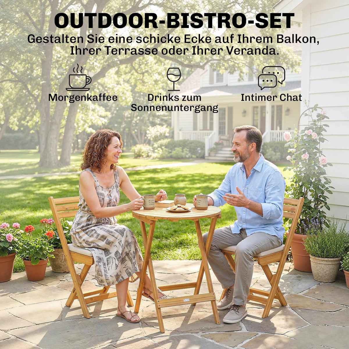 3-Piece Folding Balcony Set, Acacia Wood, Round Table
