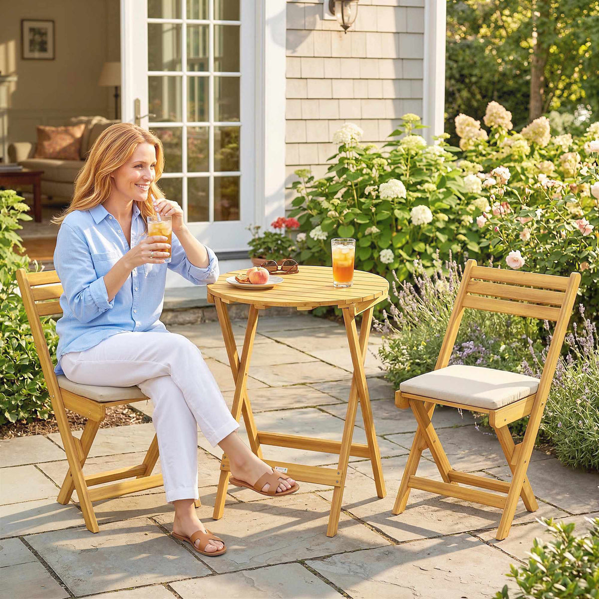 3-Piece Folding Balcony Set, Acacia Wood, Round Table