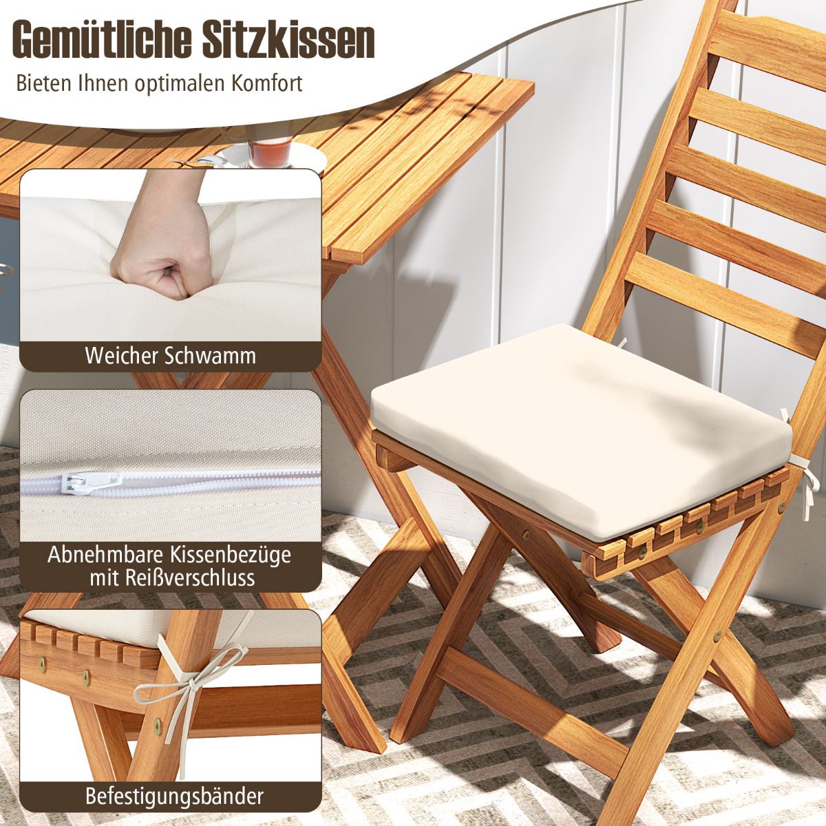 3-Piece Folding Balcony Set with Cushions, Acacia Wood