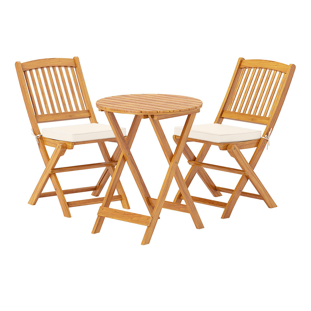 3-Piece Folding Bistro Set – Acacia Wood, Beige Cushions