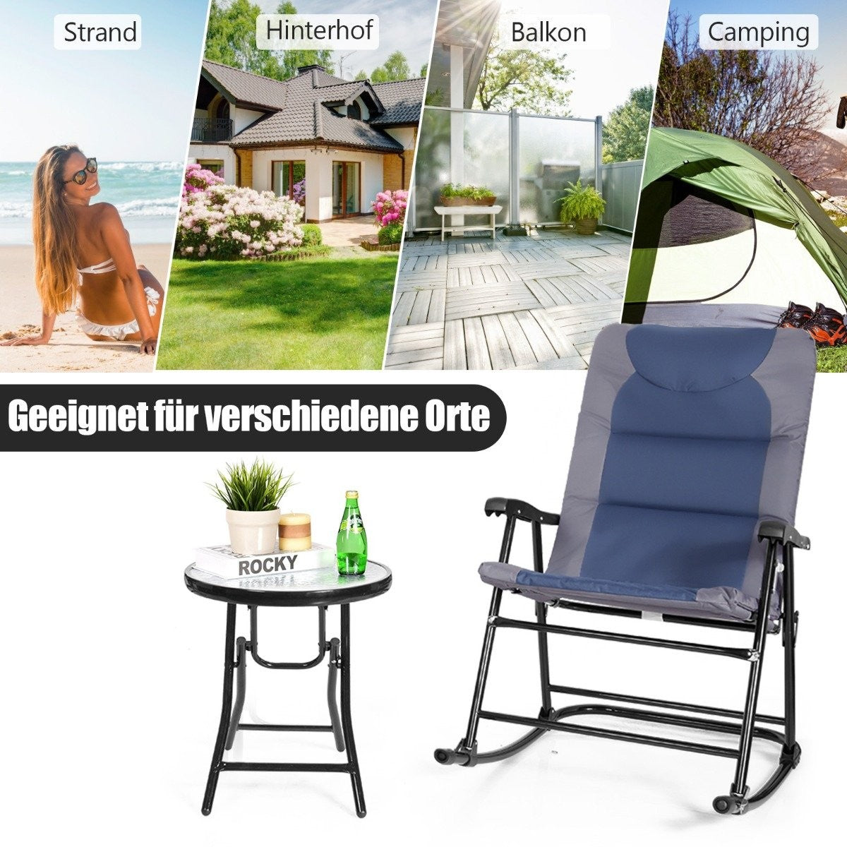 3 Piece Folding Bistro Set Outdoor Rocking Chairs with Table Blue + Gray