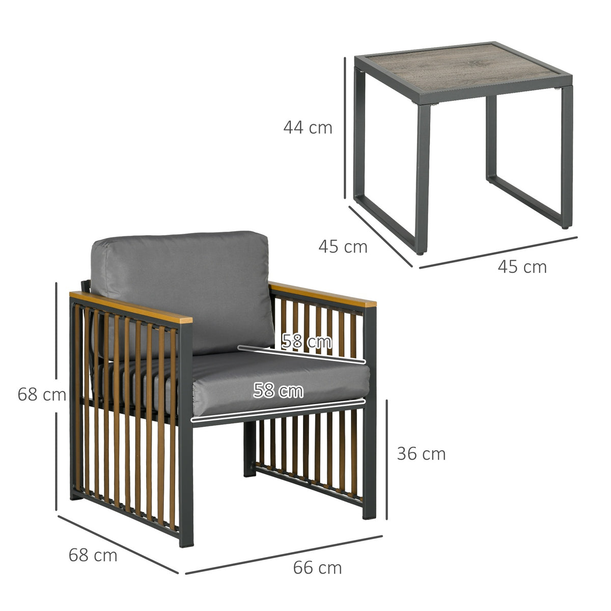 3-Piece Garden Furniture Set, Bistro Set Including Coffee Table, 2 Chairs, Garden Seating Group With Cushions, Garden Set, Balcony Furniture For Terrace, Grey