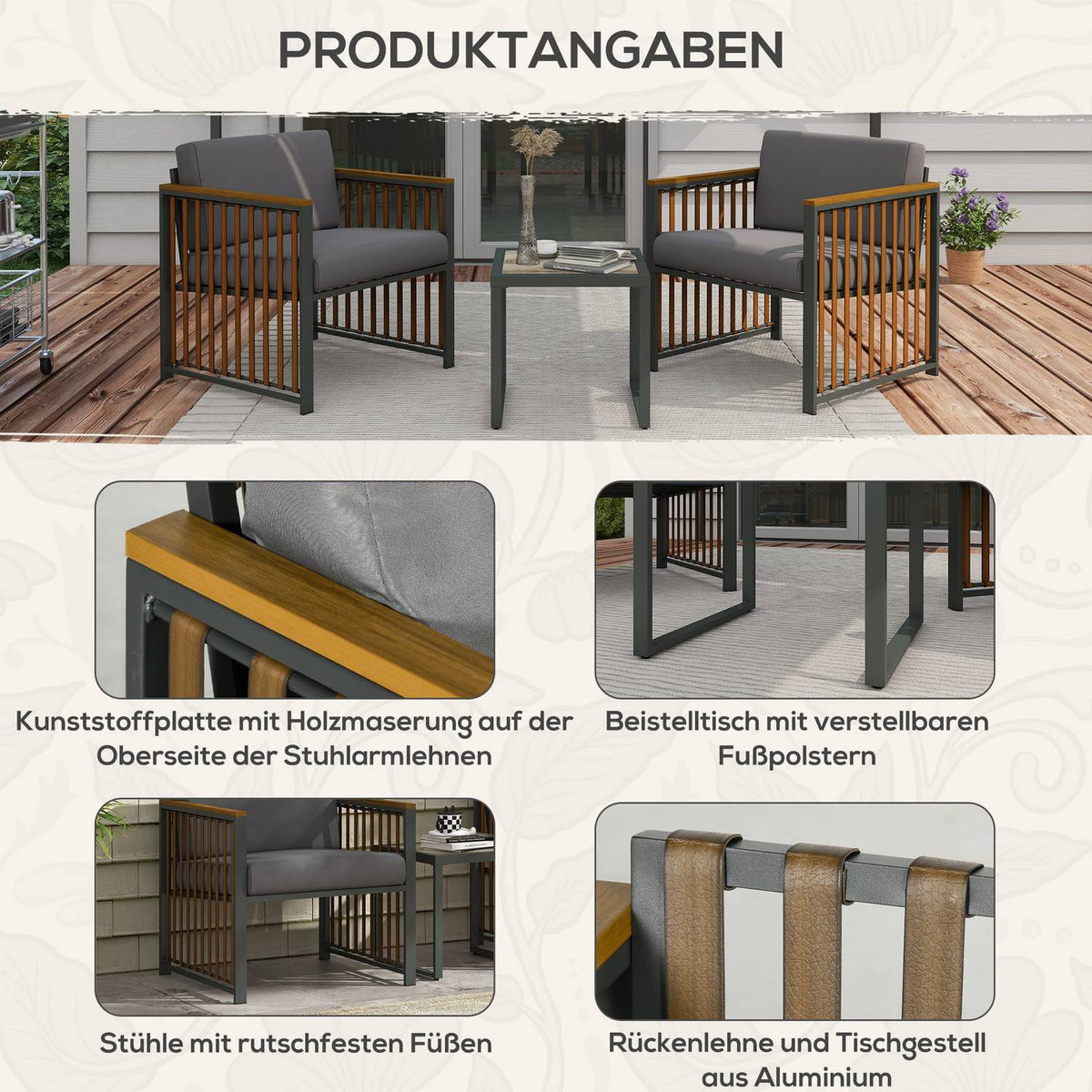 3-Piece Garden Furniture Set, Bistro Set Including Coffee Table, 2 Chairs, Garden Seating Group With Cushions, Garden Set, Balcony Furniture For Terrace, Grey