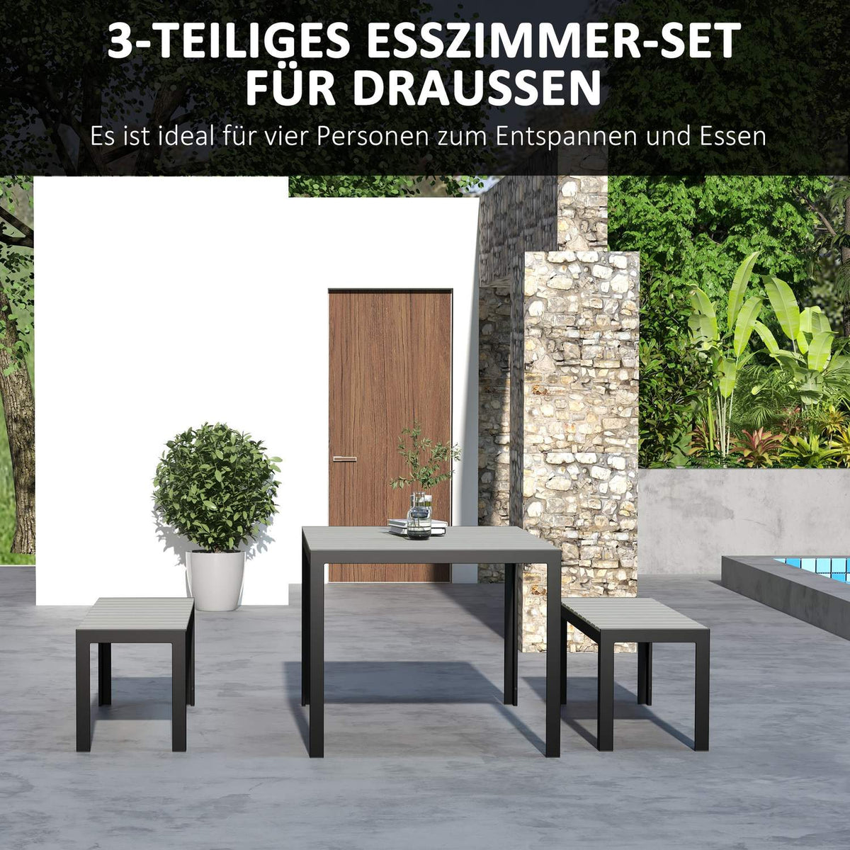 3-Piece Garden Furniture Set, Seating Area, Seating Set Including 2 Benches & 1 Table, Balcony Furniture Set For Patio, Steel, Gray