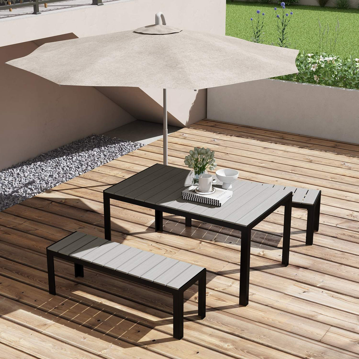 3-Piece Garden Furniture Set, Seating Area, Seating Set Including 2 Benches & 1 Table, Balcony Furniture Set For Patio, Steel, Gray