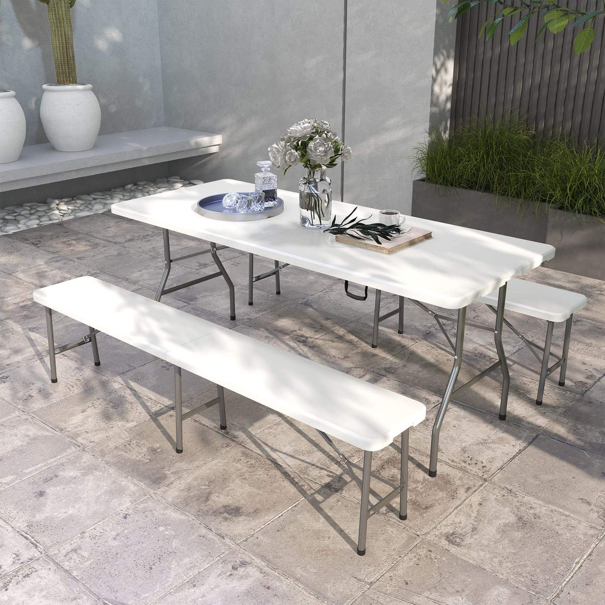3-Piece Marquee Set Beer Table 2 Beer Benches 6 People Hdpe White