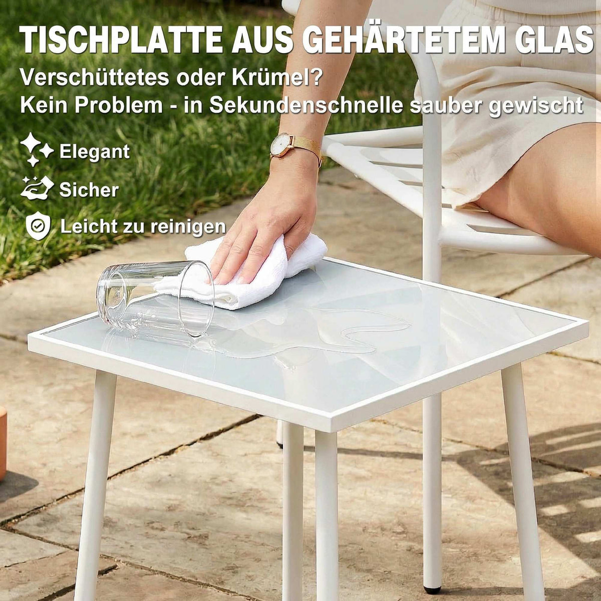 3-Piece Metal Patio Bistro Set with Glass Table, White