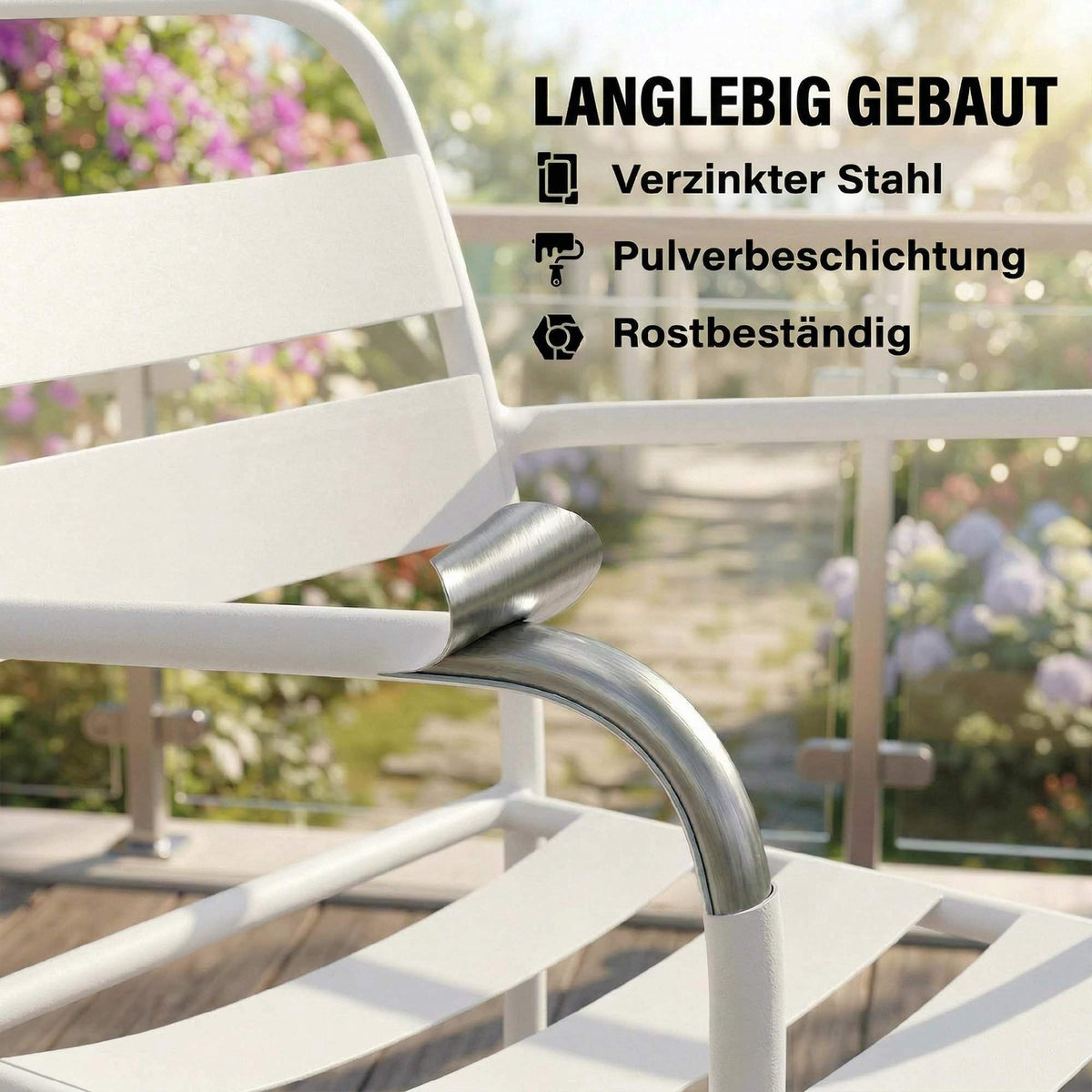 3-Piece Metal Patio Bistro Set with Glass Table, White