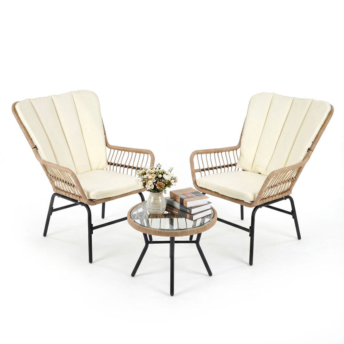 3-Piece PE Rattan Patio Set with Cushions, Beige