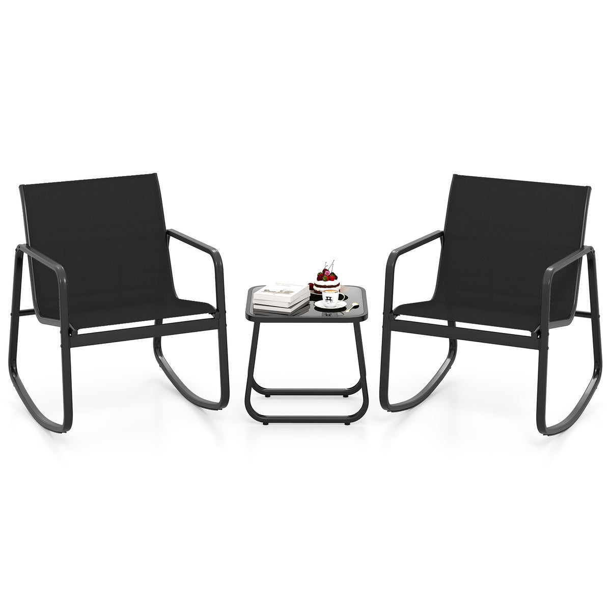 3-Piece Patio Rocking Chair Set With Glass Table