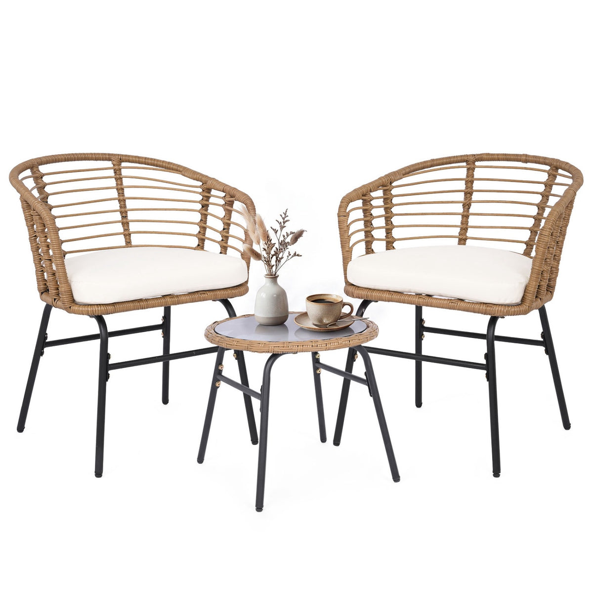3-Piece Patio Set, White Cushions, Rattan & Glass