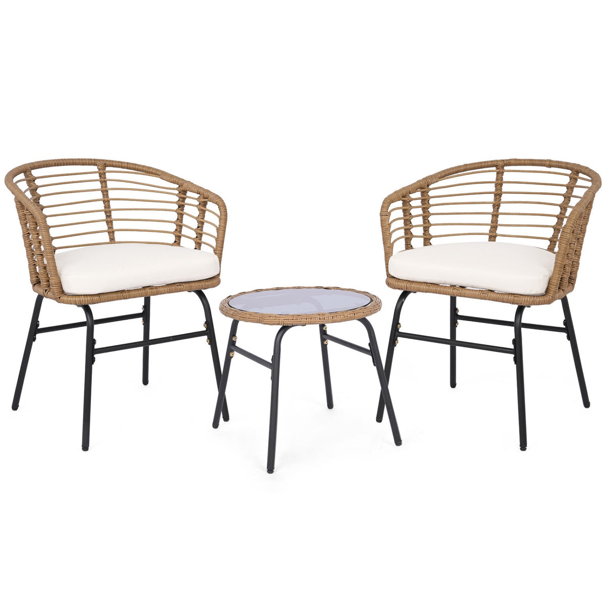 3-Piece Patio Set, White Cushions, Rattan & Glass