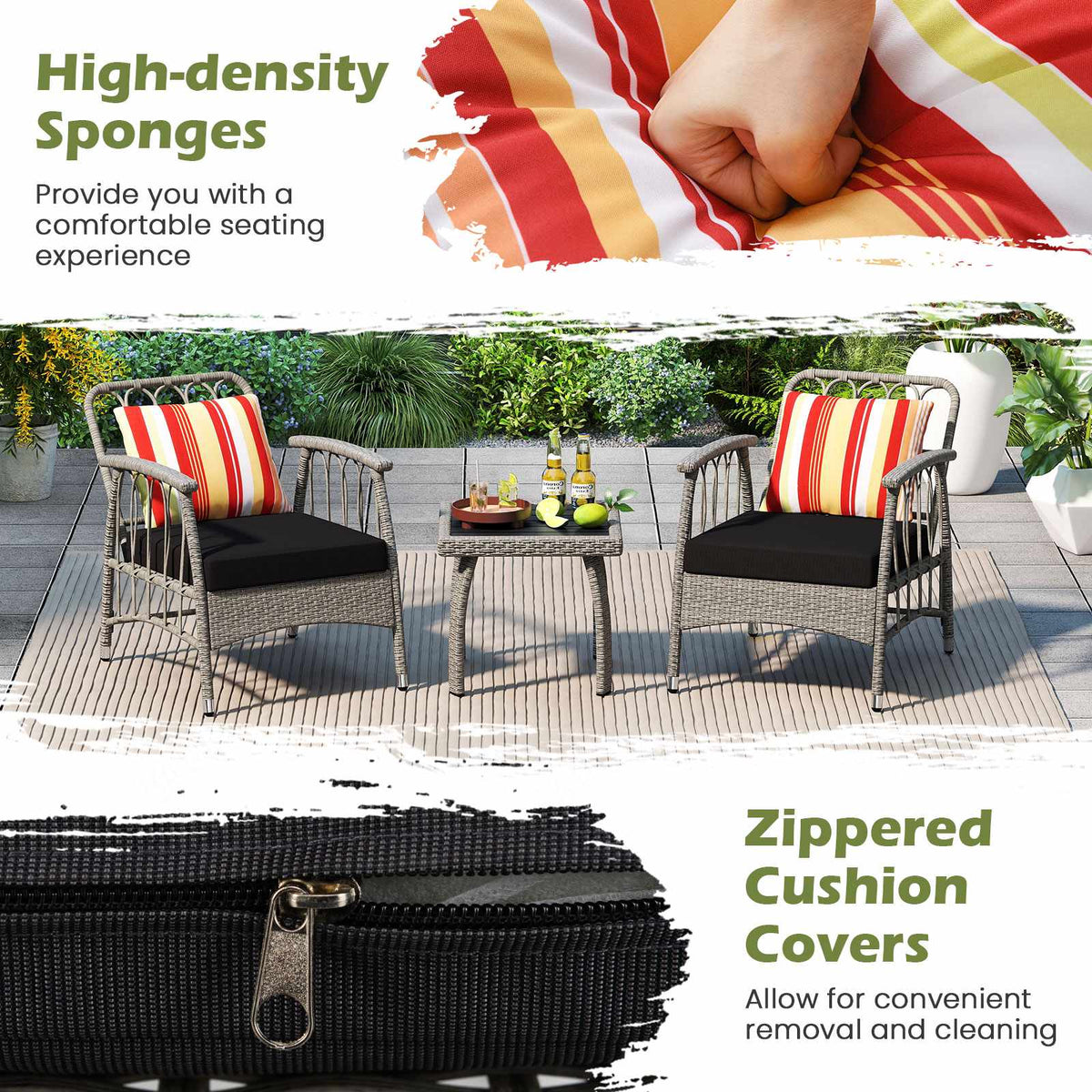 3-Piece Patio Wicker Set, Adjustable Backrest, Gray