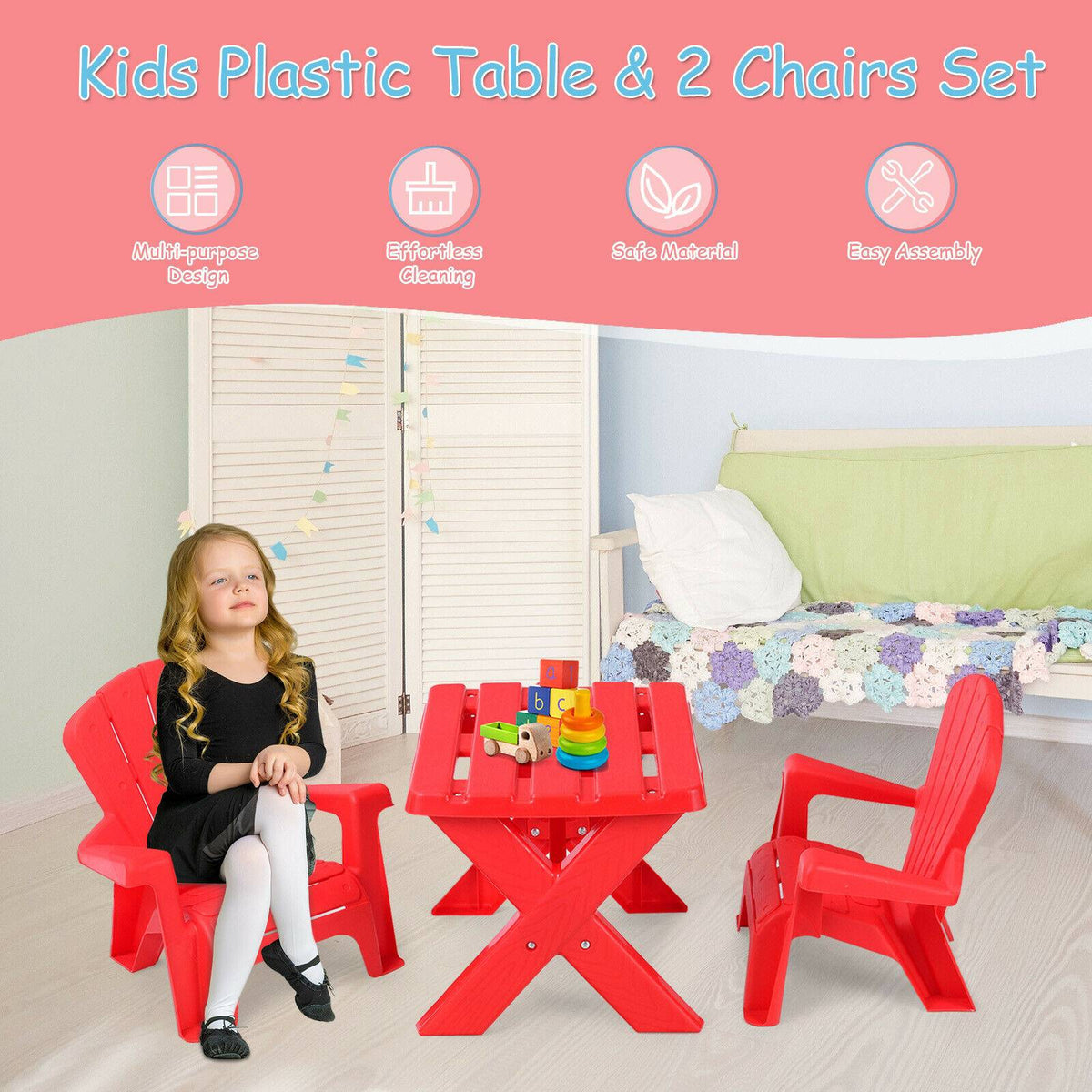 3-Piece Plastic Kids Table and Chair Set, Red