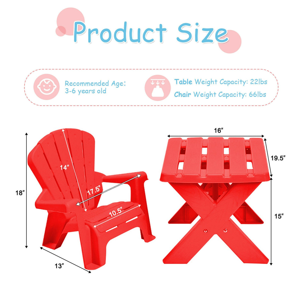 3-Piece Plastic Kids Table and Chair Set, Red