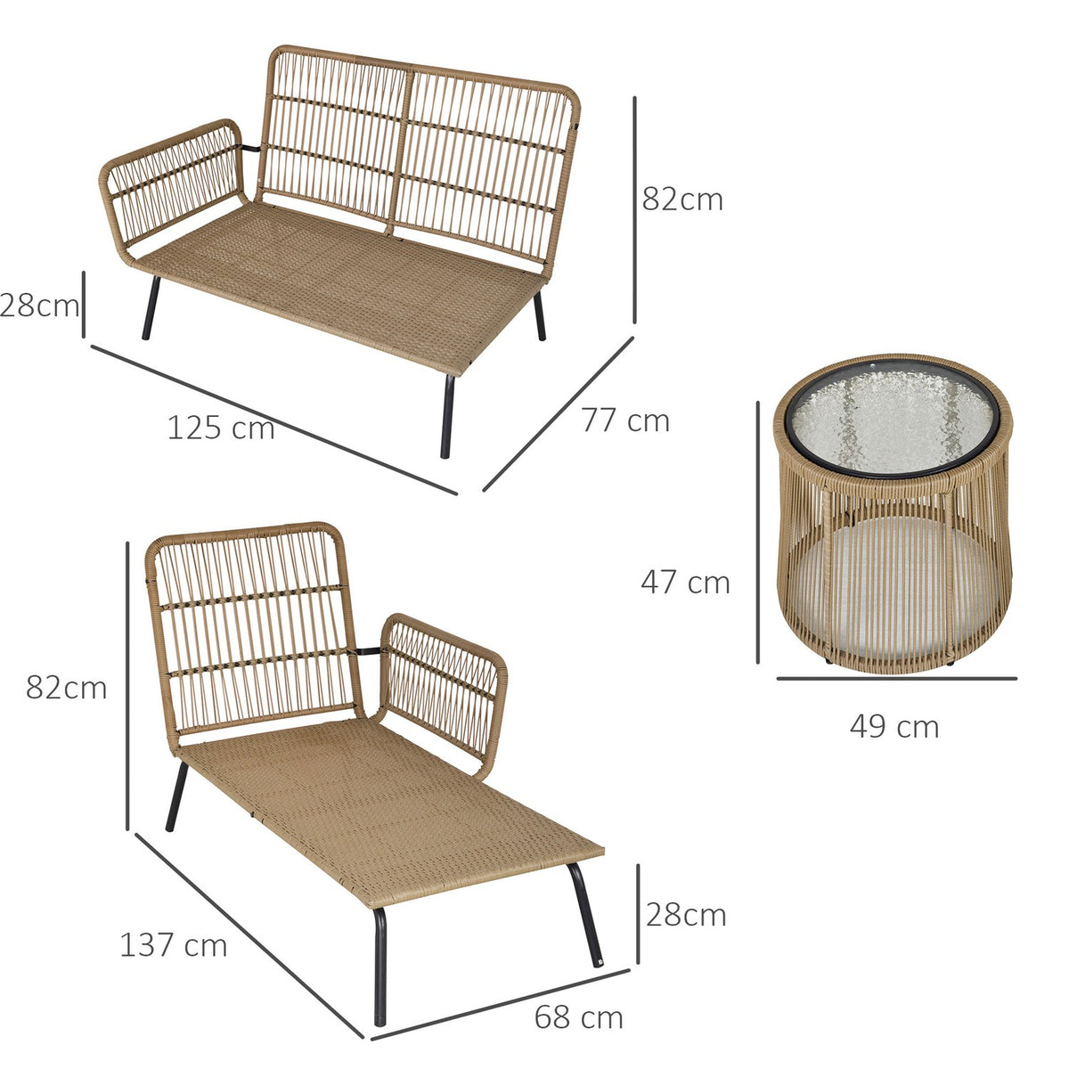 3 Piece Rattan Garden Furniture Set, 2 Seater Sofa With Chaise Longue And Side Table, Beige And Coffee