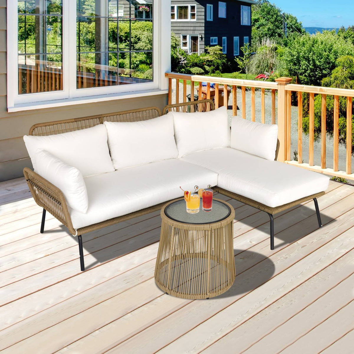 3 Piece Rattan Garden Furniture Set, 2 Seater Sofa With Chaise Longue And Side Table, Beige And Coffee