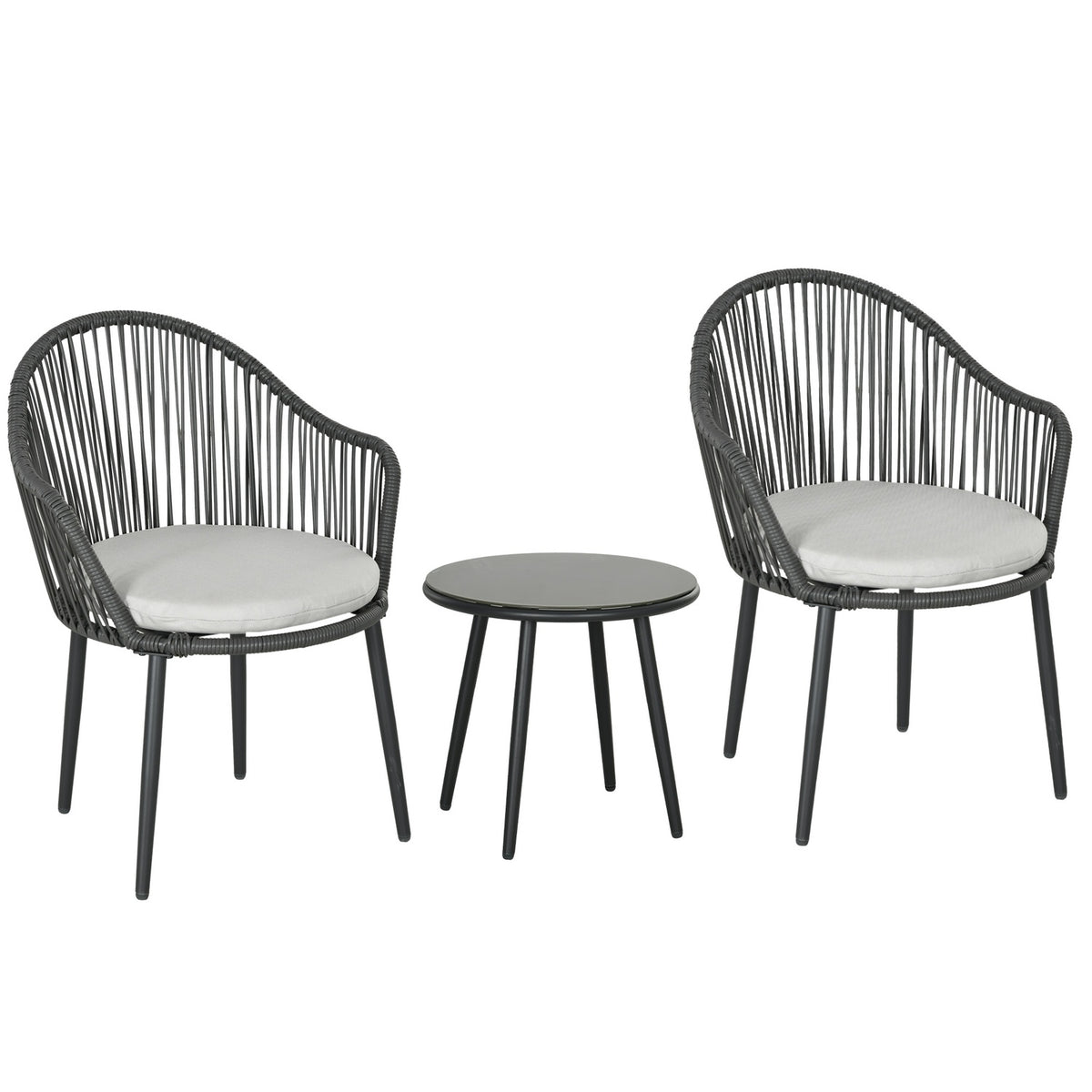 3-Piece Rattan Garden Furniture Set, Garden Set With 2 Garden Chairs, Side Table With Tempered Glass Top, Cushions, Steel, Dark Gray