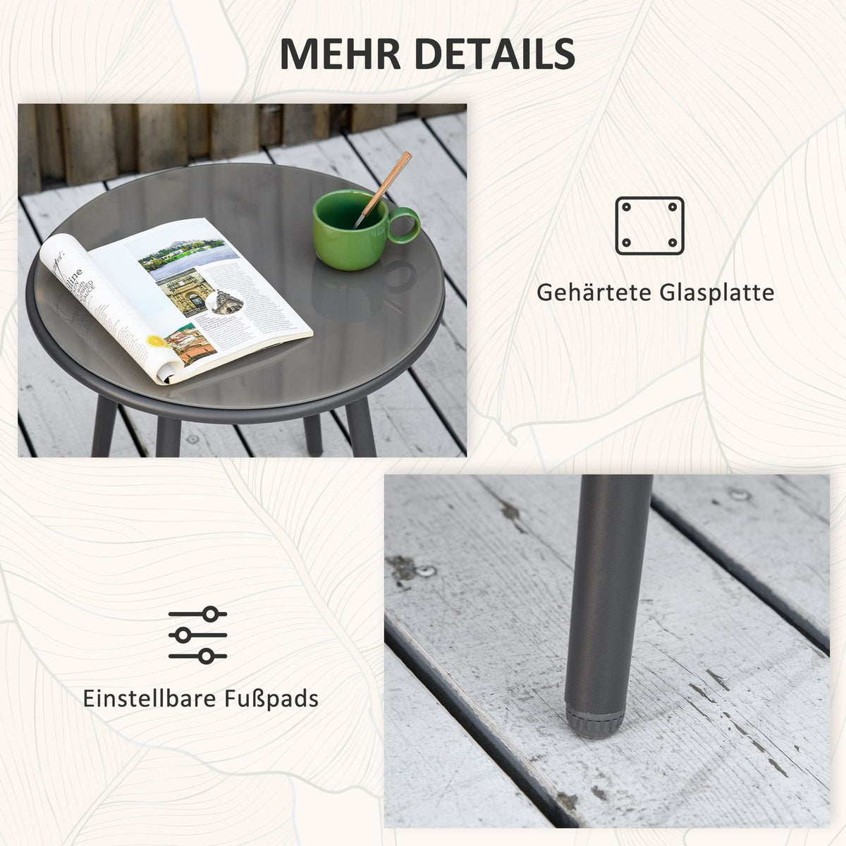 3-Piece Rattan Garden Furniture Set, Garden Set With 2 Garden Chairs, Side Table With Tempered Glass Top, Cushions, Steel, Dark Gray