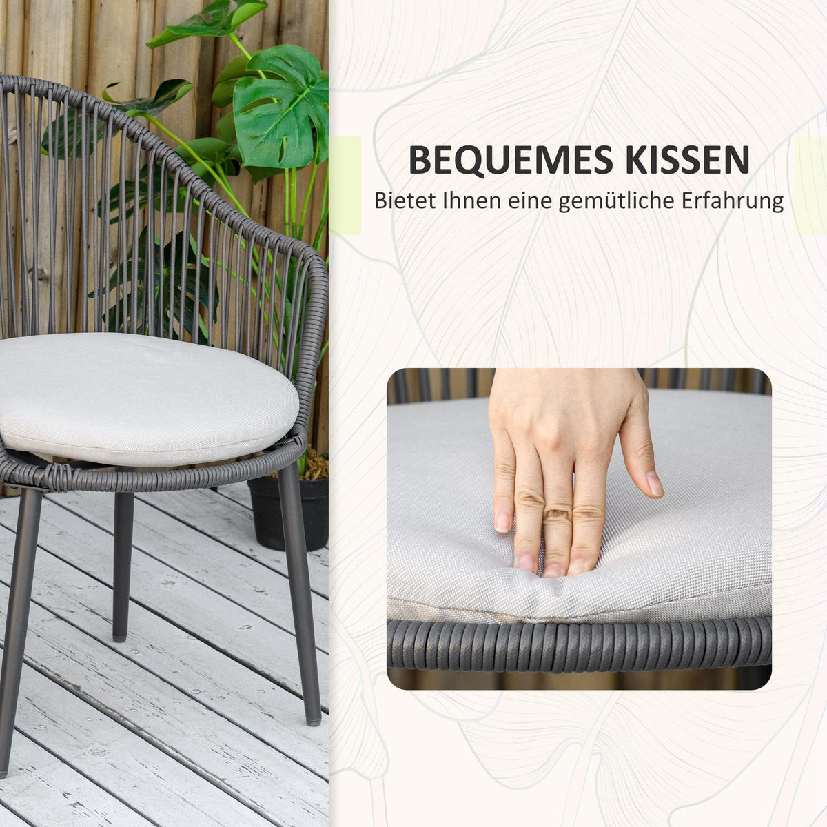 3-Piece Rattan Garden Furniture Set, Garden Set With 2 Garden Chairs, Side Table With Tempered Glass Top, Cushions, Steel, Dark Gray