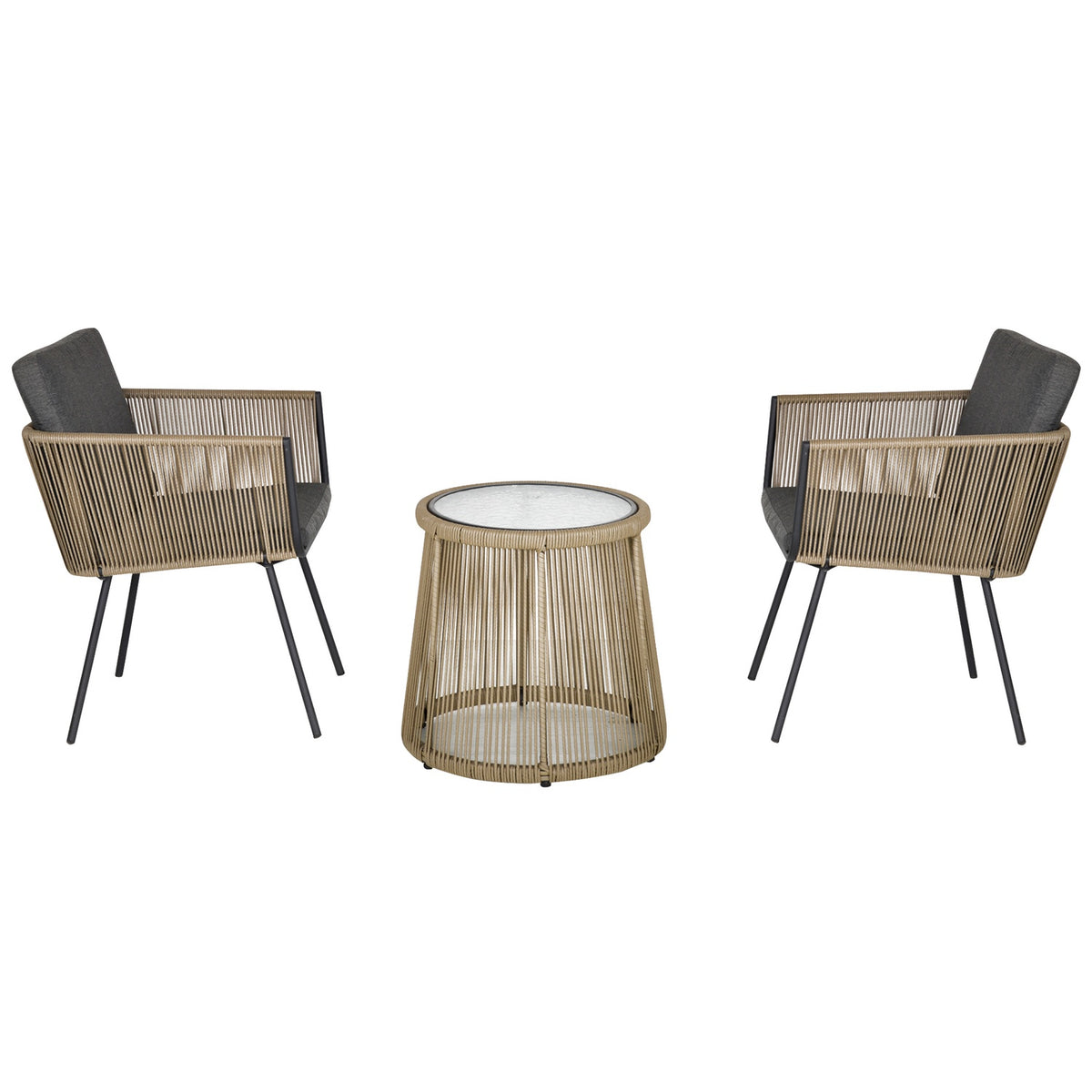 3-Piece Rattan Patio Set, 2 Chairs & Table, Gray