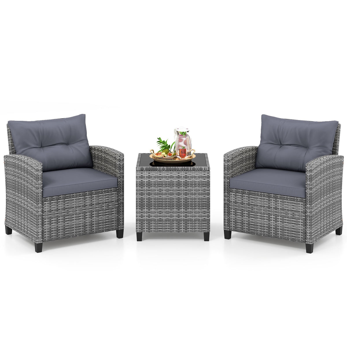 3-Piece Rattan Patio Set with Cushions and Glass Table