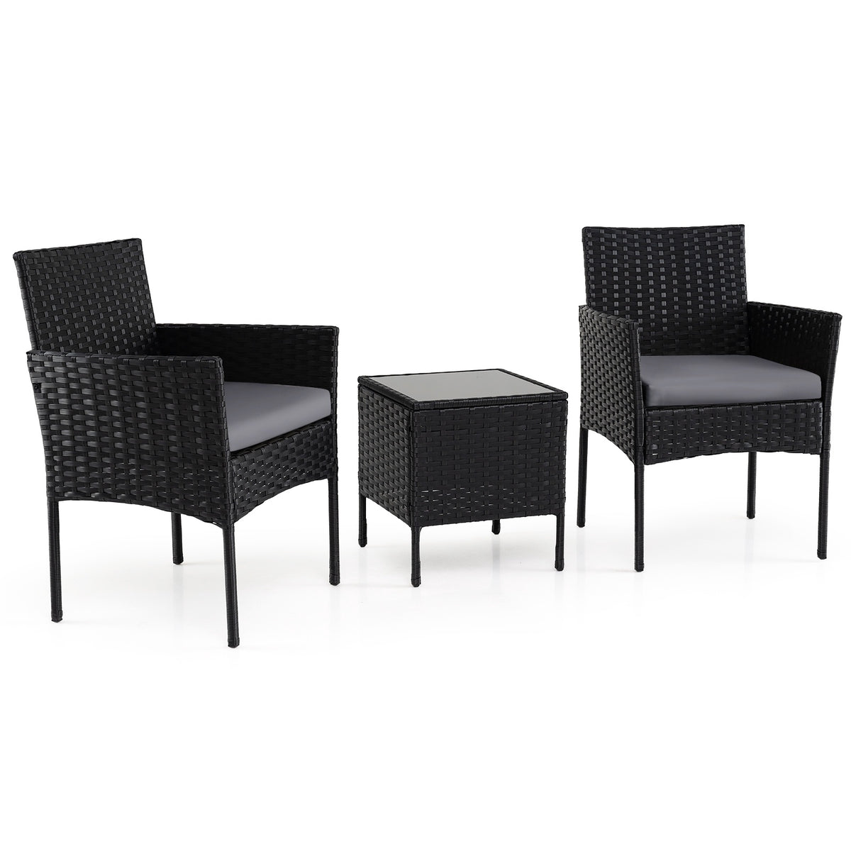 3-Piece Rattan Patio Set with Cushions and Glass Table