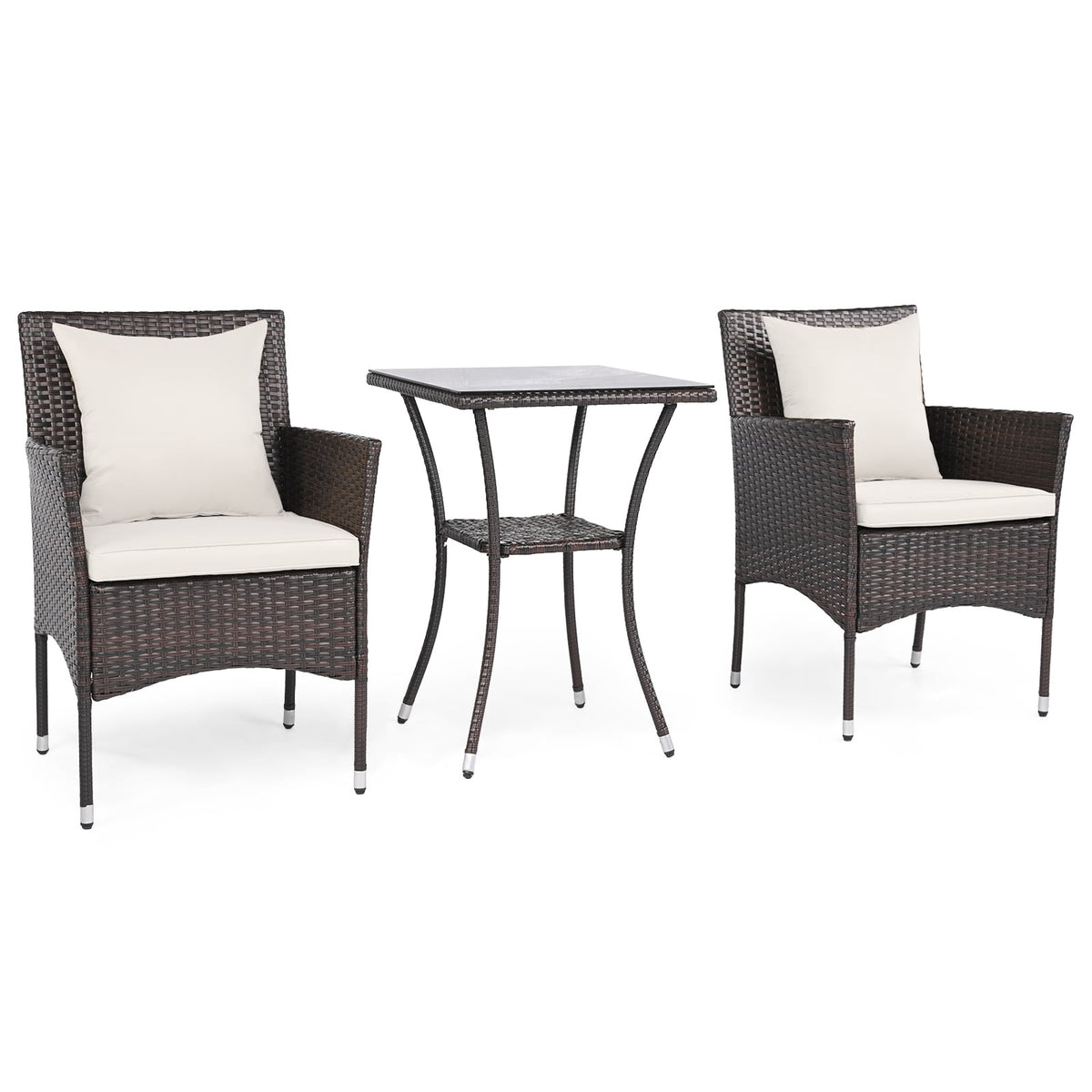 3-Piece Rattan Patio Set with Cushions and Glass Table