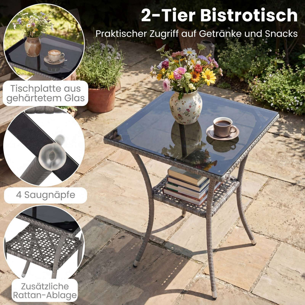 3-Piece Rattan Patio Set with Glass Table and Cushions