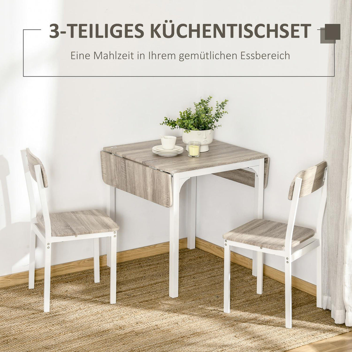 3-Piece Seating Group Dining Group With 2 Chairs And 1 Table Dining Table Set And Folding Table Top Steel Mdf Natural + White 120 X 60 X 75 Cm