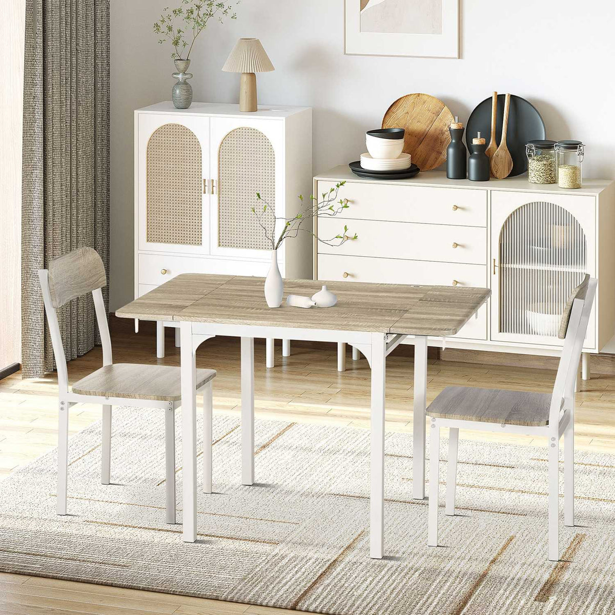 3-Piece Seating Group Dining Group With 2 Chairs And 1 Table Dining Table Set And Folding Table Top Steel Mdf Natural + White 120 X 60 X 75 Cm