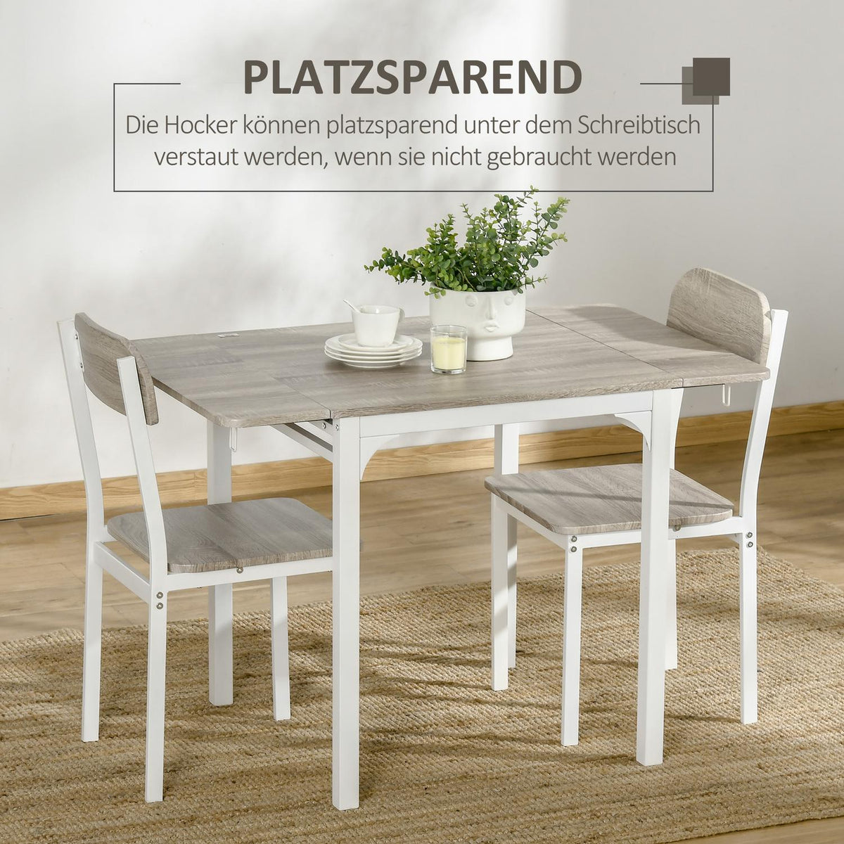 3-Piece Seating Group Dining Group With 2 Chairs And 1 Table Dining Table Set And Folding Table Top Steel Mdf Natural + White 120 X 60 X 75 Cm