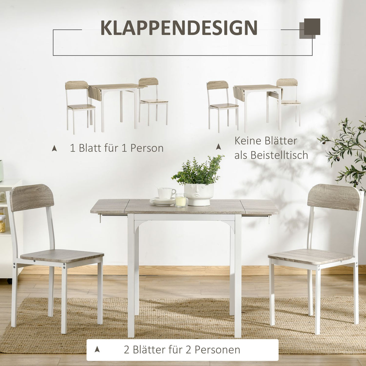 3-Piece Seating Group Dining Group With 2 Chairs And 1 Table Dining Table Set And Folding Table Top Steel Mdf Natural + White 120 X 60 X 75 Cm