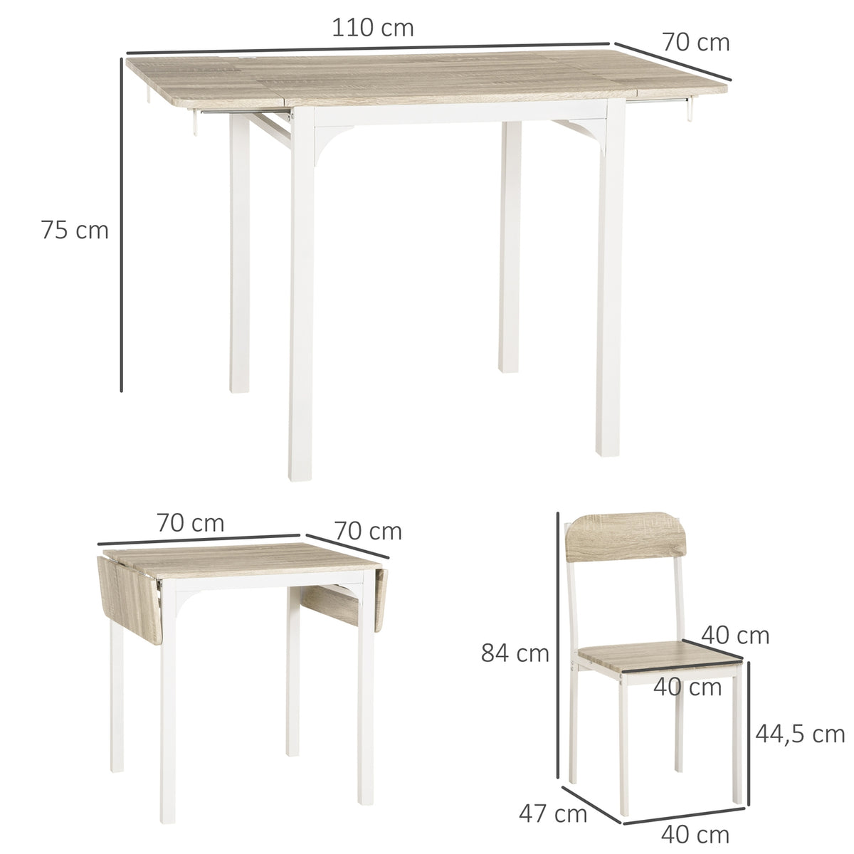 3-Piece Seating Group Dining Group With 2 Chairs And 1 Table Dining Table Set And Folding Table Top Steel Mdf Natural + White 120 X 60 X 75 Cm