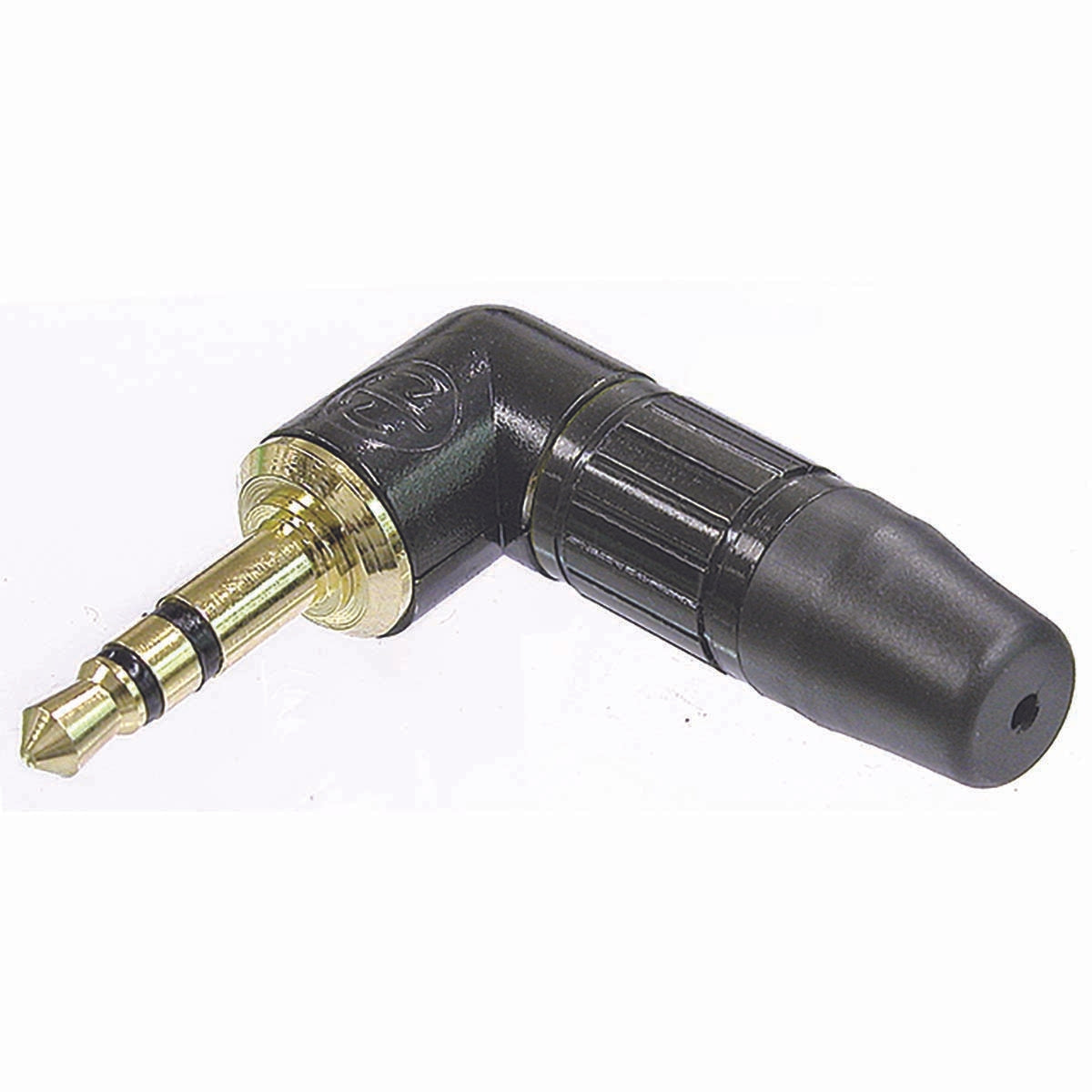 3-Pin 3.5mm Audio Plug, Solder Termination, Chuck Type Strain Relief, Bushing, Black Housing, Gold Contacts