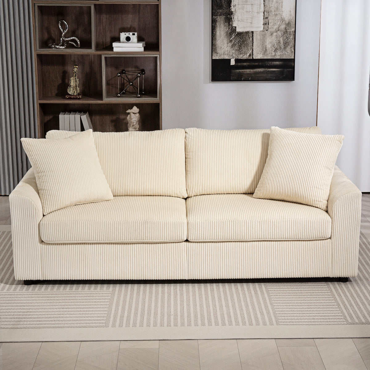 3-Seater Cord Sofa with Cushions, Cream White, 212 cm