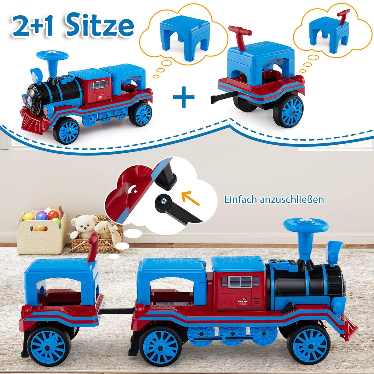 3-Seater Electric Train Set for Kids, 12V, Blue