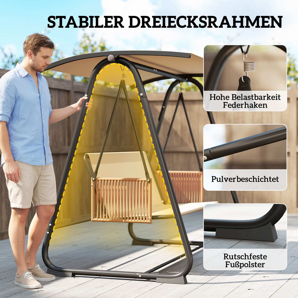 3-Seater Garden Swing with Adjustable Canopy, Breathable Cushions