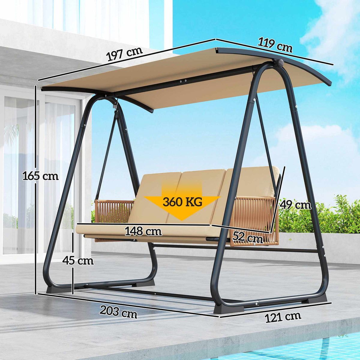 3-Seater Garden Swing with Adjustable Canopy, Breathable Cushions