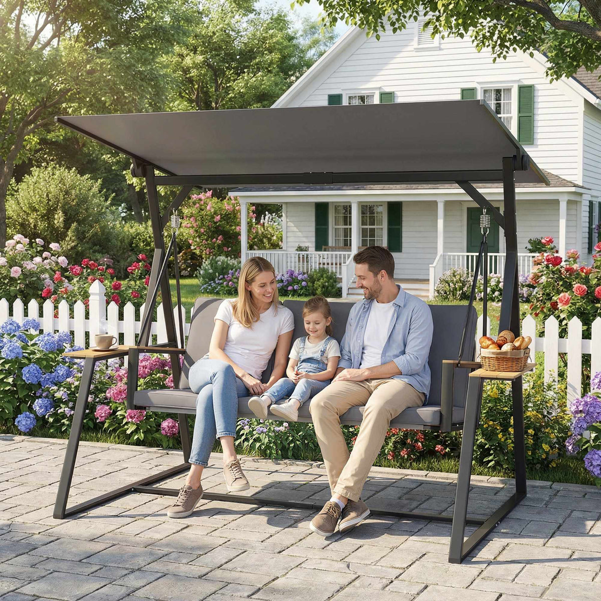 3-Seater Garden Swing with Adjustable Canopy and Trays, Grey